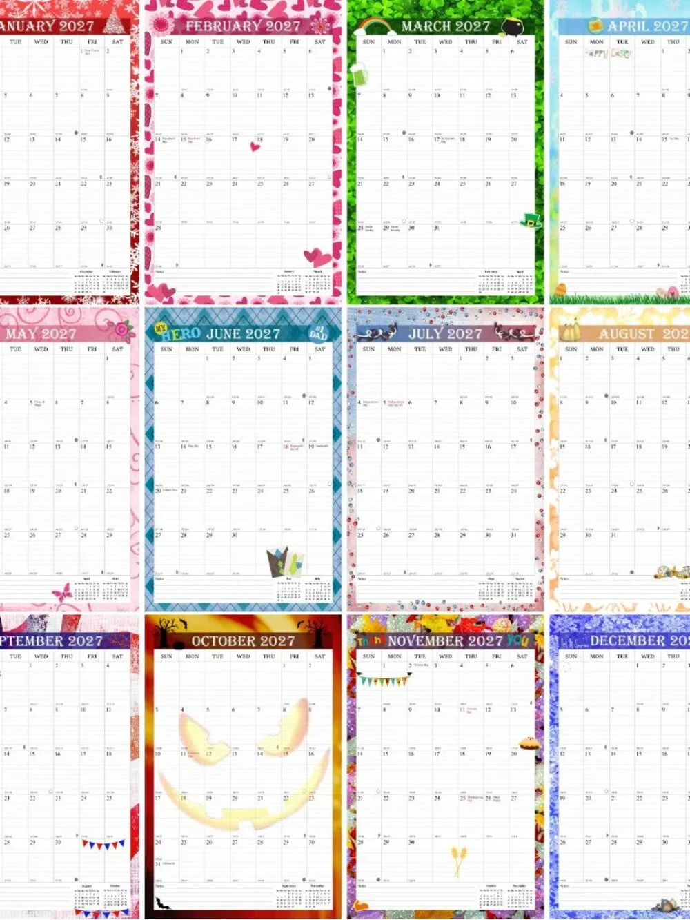 2027 Wall Calendar Spiral-bound Twin-Wire Binding - 12 Months 8.5